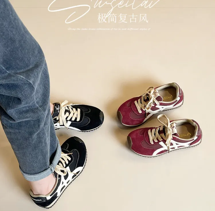 真皮~系带拼色德训鞋女秋冬时尚百搭复古休闲阿甘鞋运动鞋女厚底