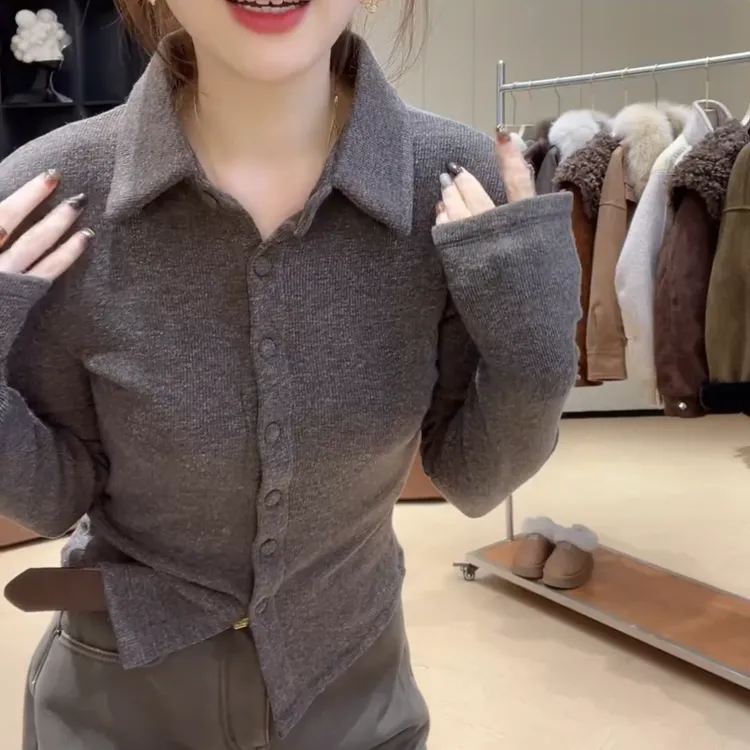 冬季加绒Polo领气质长袖时尚约百搭打底T恤上衣LK2508273