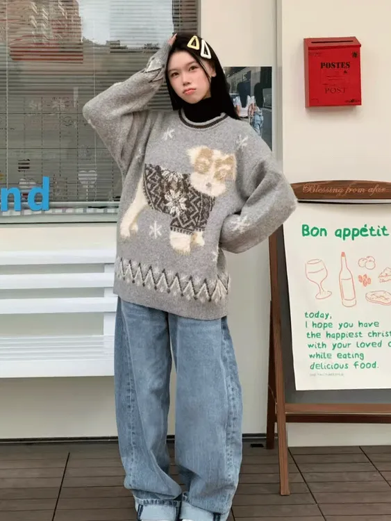 美式复古卡通小狗提花套头毛衣女秋冬季慵懒风显瘦宽松针织衫上衣