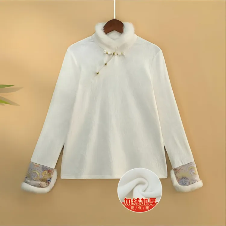 冬季加绒保暖中国风真毛ins打底上衣新中式国风加厚立领提花T恤衫