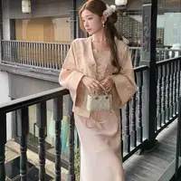 复古新中式长袖外套粉色吊带半身裙套装国色芳华织金刺绣三件套女