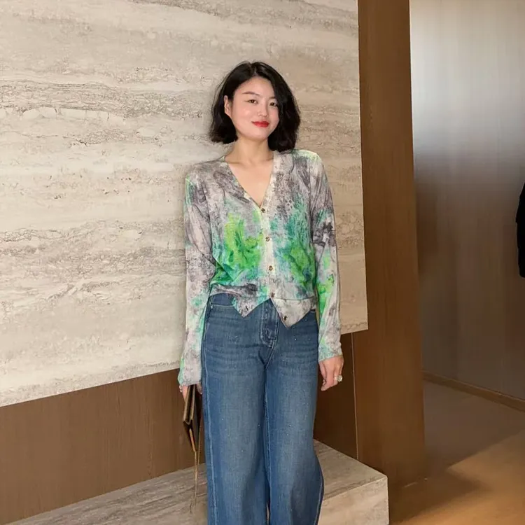 TANTAN 时尚长袖晕染秋季100绵羊毛针织开衫3037