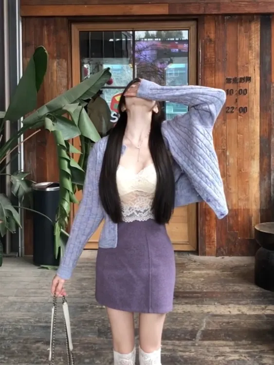 2025春季新款麻花针织毛衣开衫辣妹蕾丝吊带内搭背心性感包臀短裙