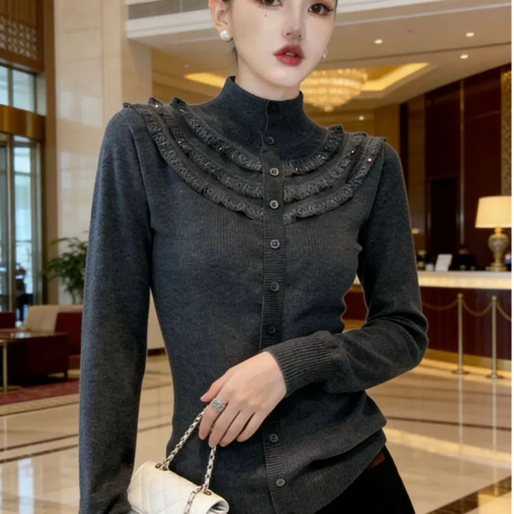 花边针织打底衫女秋冬加厚洋气独特别致上衣2025年新款假开衫毛衣