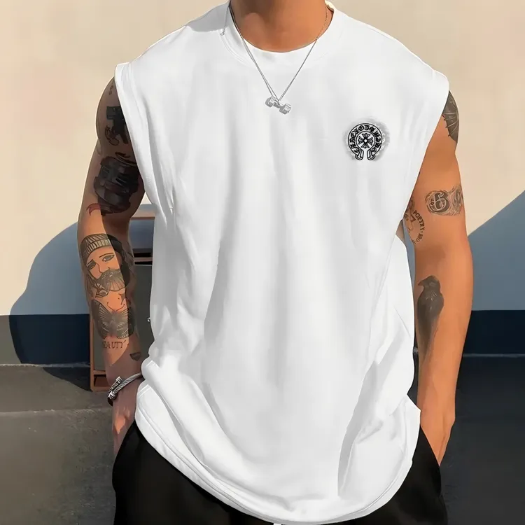 【喷墨+刺绣结合】纯棉无袖T恤休闲男女同款百搭透气吸汗-字母圆盘