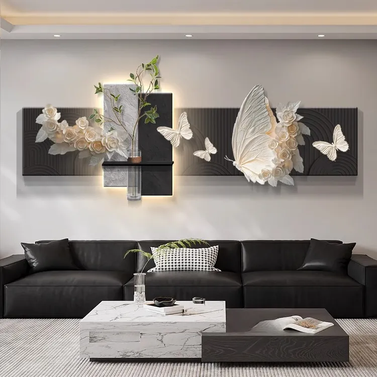 2025新款LED灯画花瓶绿植客厅装饰画中古风高级感沙发背景墙挂画