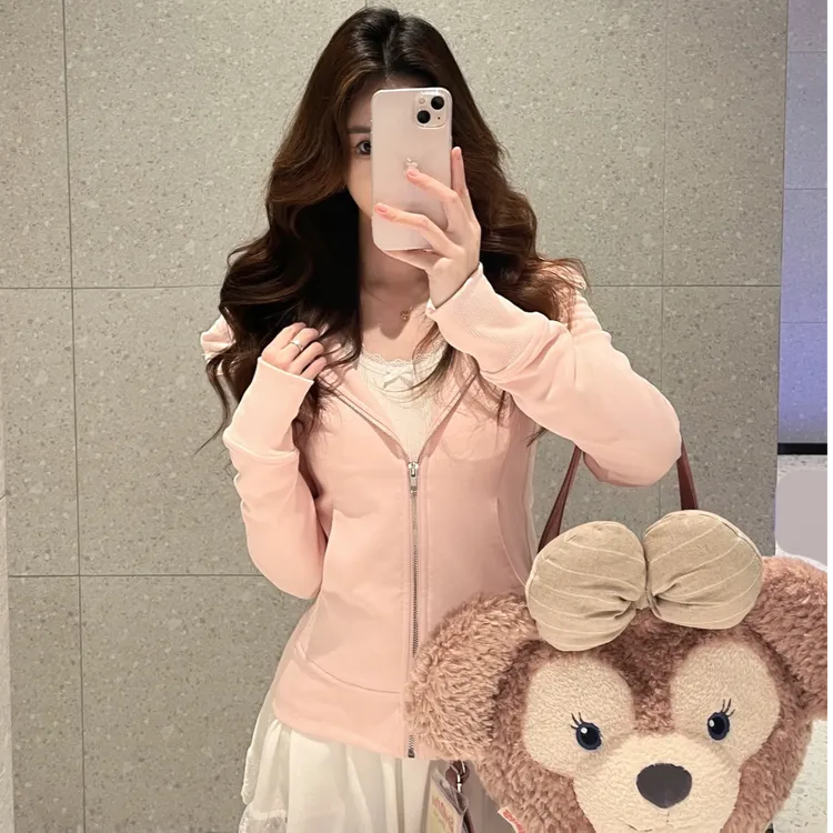 外套女春秋粉色连帽卫衣修身秋季内搭上衣2025新款收腰瑜伽服开衫