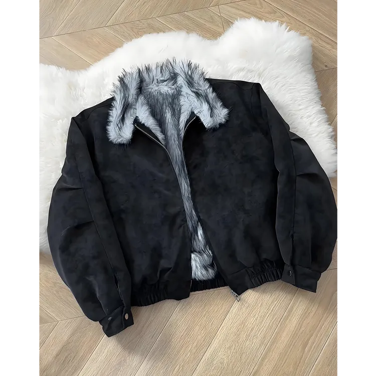 狼王座山雕毛领外套男冬季短款美式雾面荔枝纹pu皮立领加绒夹克