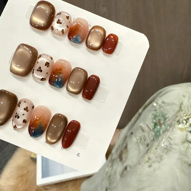 【琥珀流光】纯手工穿戴甲高品质豹纹玻璃珠猫眼高级显白手工穿戴甲