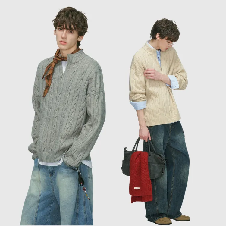 Dream made 老钱风半拉链麻花毛衣男款秋冬季慵懒针织衫男生上衣