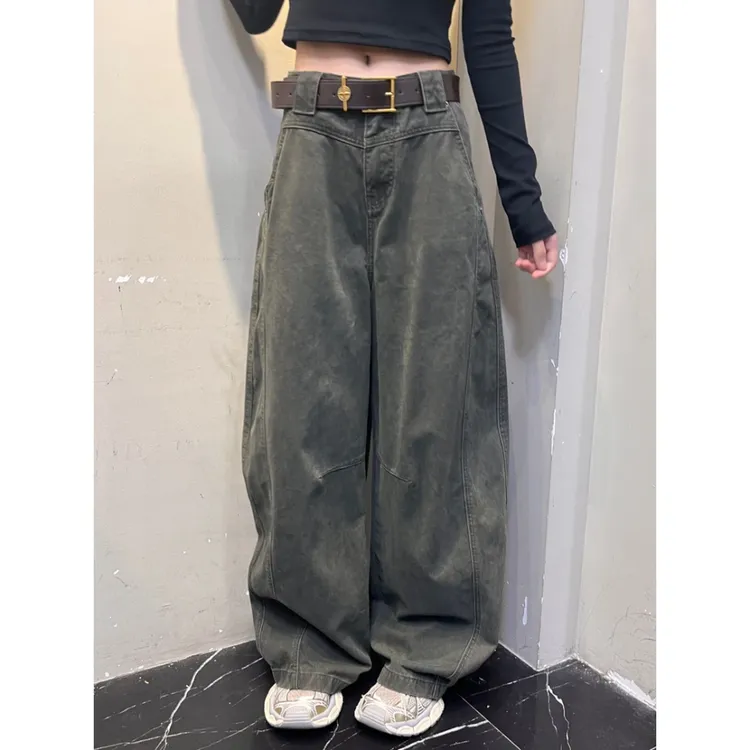 美式复古百搭遮胯牛仔裤女2025秋季立体口袋宽松简约休闲拖地裤子