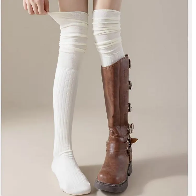 长靴过膝棉袜子女秋冬外穿黑色竖条显瘦长筒袜ins日系学院风jk袜