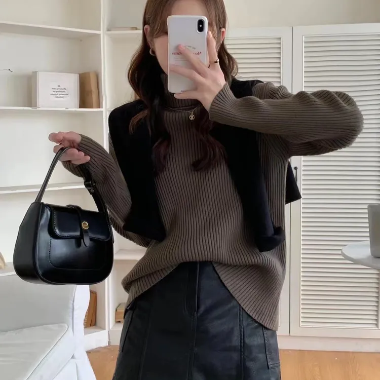 秋冬新款时尚洋气百搭女装韩系休闲宽松显瘦高领毛衣内搭女打底衫