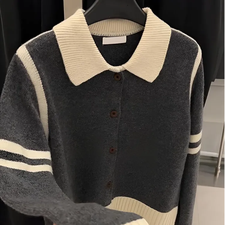 韩系温柔时尚灰色拼色翻领毛衣女秋冬慵懒风宽松长袖针织开衫外套