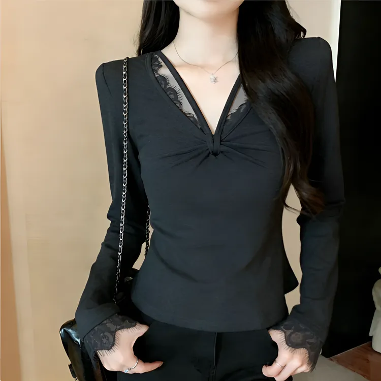 2025秋冬加绒拼接纯欲风长袖法式甜辣打底设计感显瘦性感法式