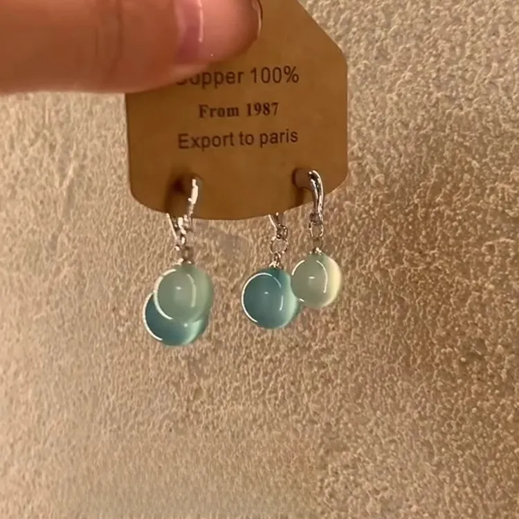 铜合金耳饰 清透圆珠交叉耳环夏季新款清冷风设计感前后戴