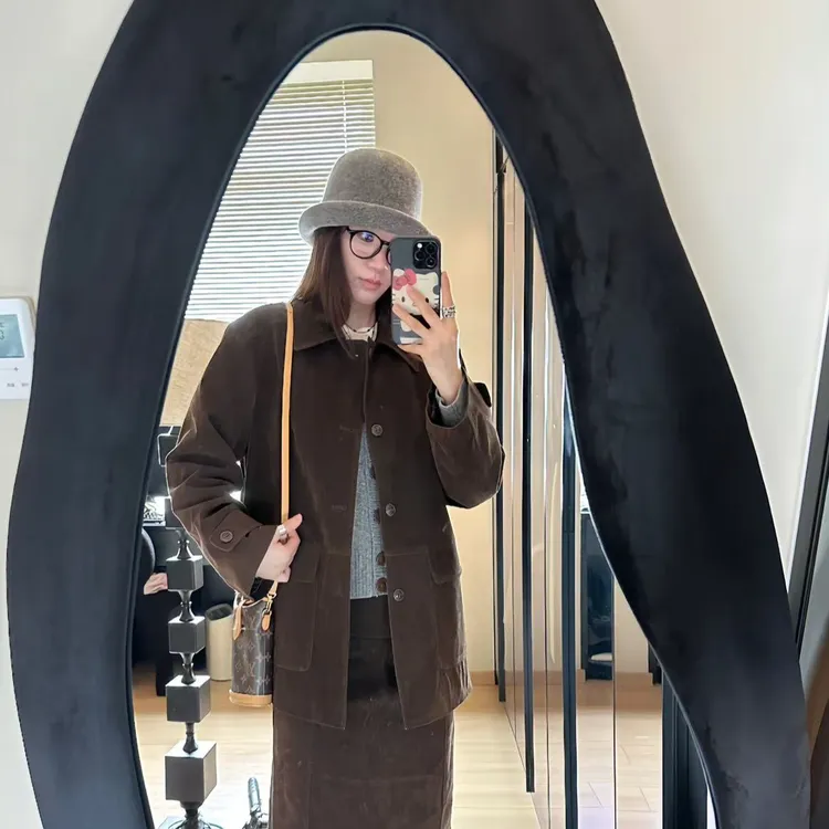 LA  雾咖色 复古做旧 仿麂皮 中长款夹棉 外套 31094