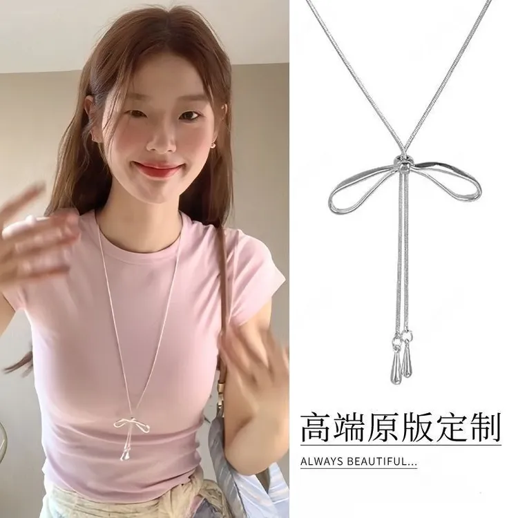 铜合金亚克力项链 甜美简约抽拉蝴蝶结项链女韩系小众设计长配饰