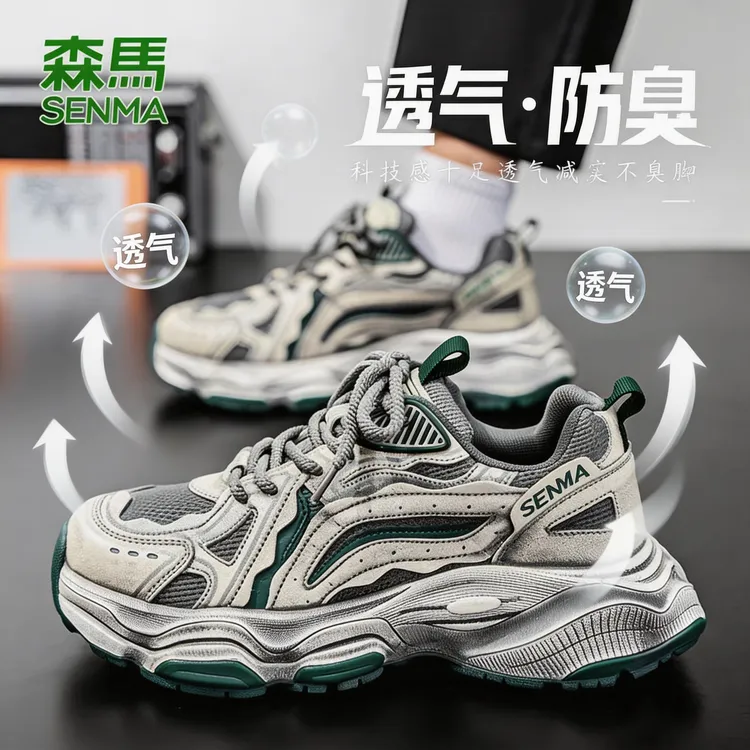 森马男鞋夏季透气防臭复古老爹鞋男士耐磨增高网面休闲跑步运动鞋商品图