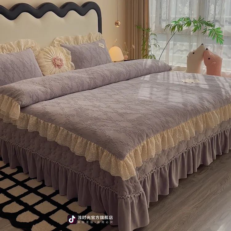 浅时光秋冬加厚保暖立体高端雕花绒夹棉加厚防滑床盖款保暖四件套
