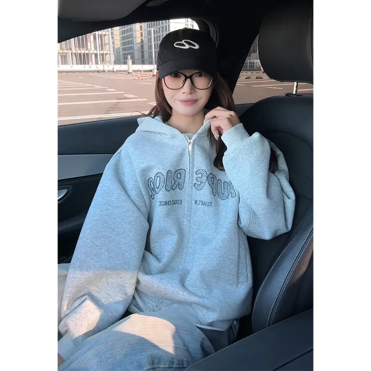 美式字母刺绣连帽开衫外套男秋季潮牌设计感宽松休闲街头百搭上衣