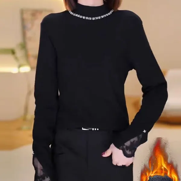 欧货大牌黑色蕾丝拼接半高领长袖2025秋冬新款重工钻领加厚打底女