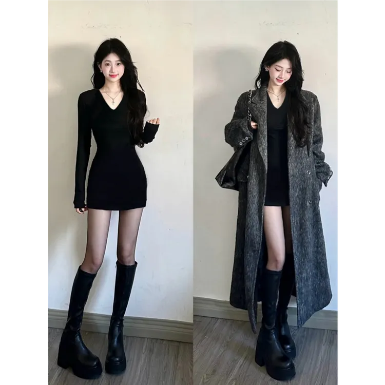 黑色包臀连衣裙女秋冬季针织大衣内搭紧身修身短裙子冬天御姐穿搭