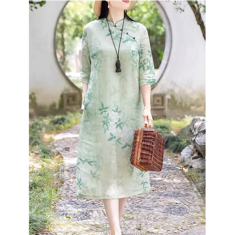 326【竹影琵琶】大码中袖连衣裙新中式复古改良旗袍中长裙新款女装