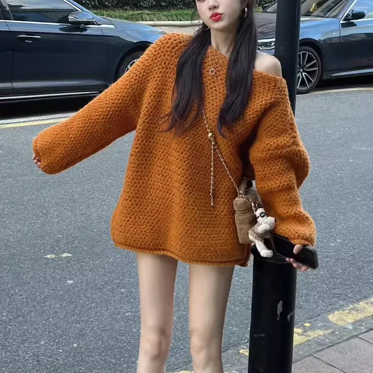 秋冬韩系复古慵懒风一字领加厚毛衣女宽松软糯中长款针织衫上衣