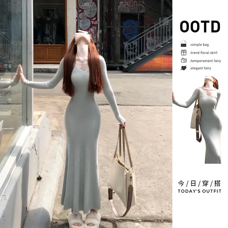 纯欲风v领针织连衣裙子女秋冬季配大衣内搭打底性感收腰包臀长裙