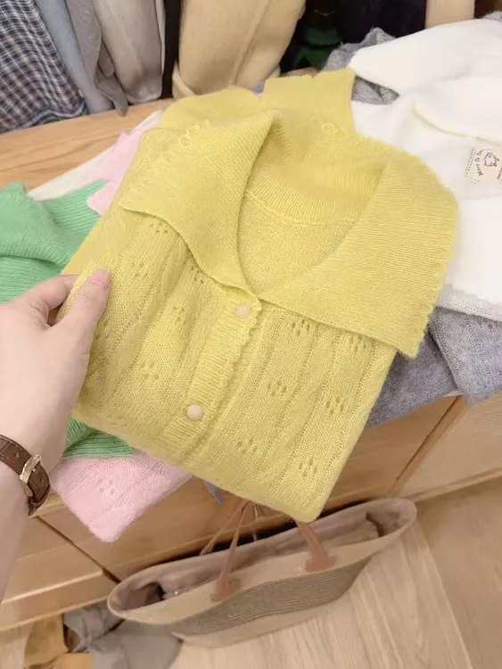 七言家巨好看！韩系黄色翻领麻花单排扣开衫