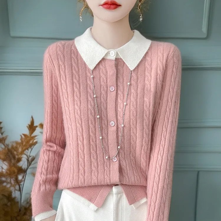 正品100%纯羊毛衫女撞色针织开衫刺绣宽松长袖毛衣外套