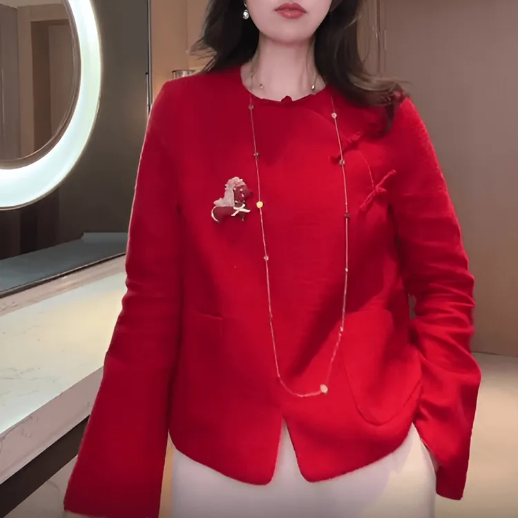 新中式国风红色衬衫女冬季新款复古高级感斜襟盘扣长袖打底衫上衣