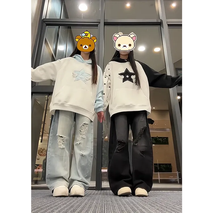 纯棉贴布星星小翅膀连帽卫衣女2025秋冬加绒宽松休闲插肩袖上衣潮
