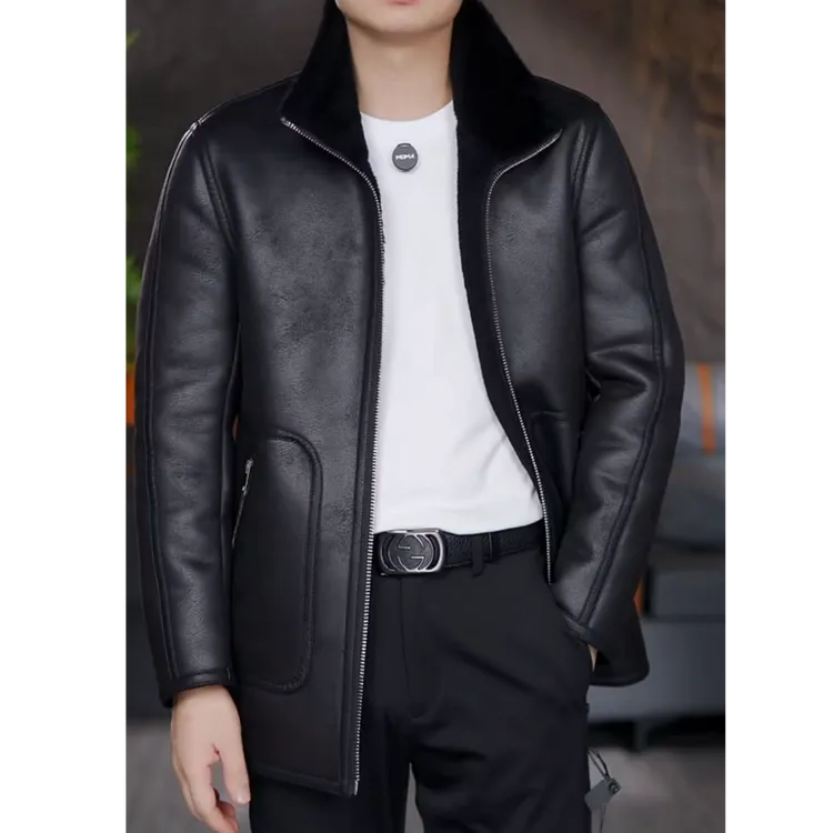 中长款100%羊毛一体男士休闲时尚外套海宁2025高档皮夹克保暖大衣