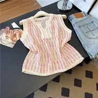 小香风镂空条纹针织短袖背心女2025新款夏季无袖上衣高级薄款小衫