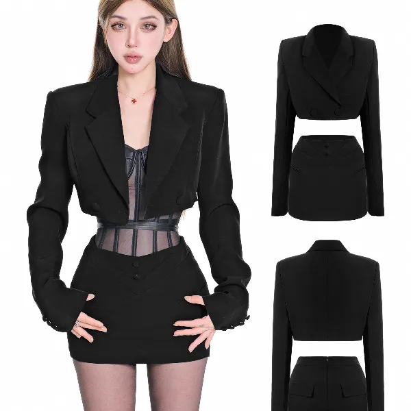 龙牙童推荐【职场指南】秋冬气质财阀千金风套装辣妹短款包臀欧美风