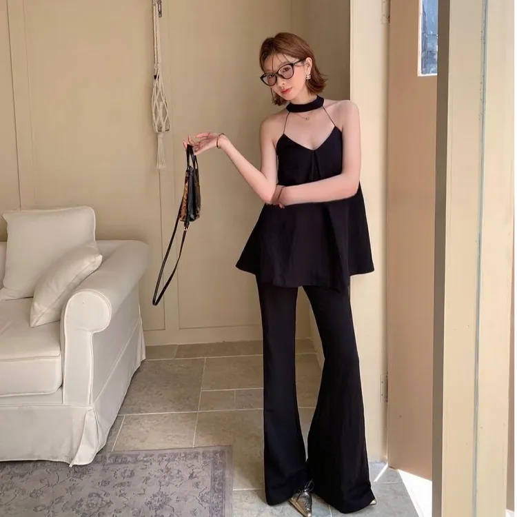 韩版法式穿搭套装甜辣A字露背挂脖上衣+休闲高腰显瘦微喇裤两件套