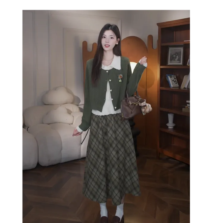 鹿向南【森系奇遇】秋季新款森系慵懒气质假两件毛衣显瘦套装女