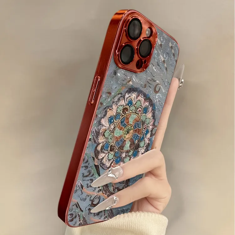 电镀红敦煌莲花适用苹果16promax手机壳小羊皮iphone17pro彩绘新