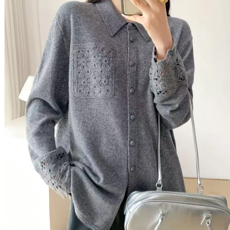 【许你耀眼】【羊绒羊毛衫】大码气质时尚品味镂空翻领衬衫羊毛衫1436