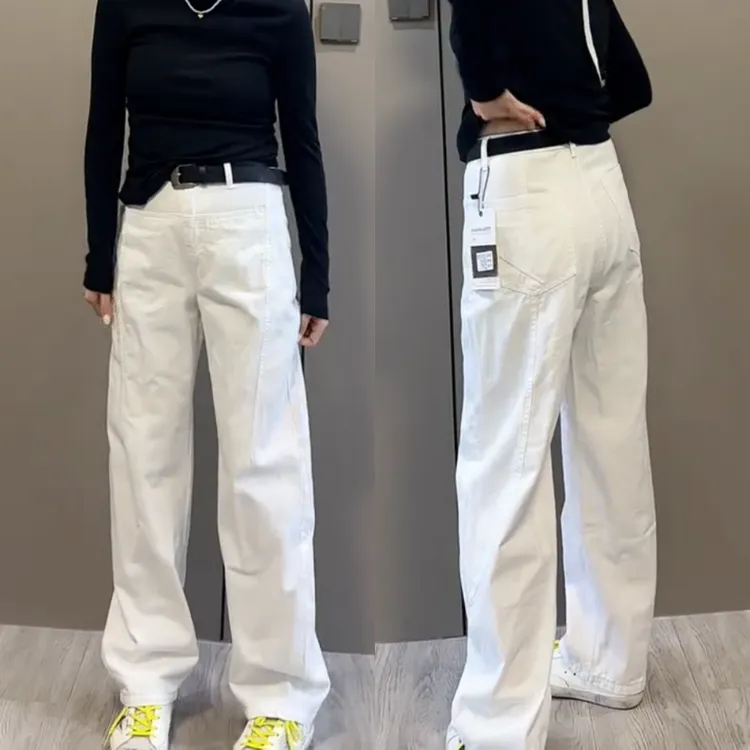 景倩妮白色时尚窄版牛仔裤2025年夏季新款梨形高腰显瘦宽松阔腿裤