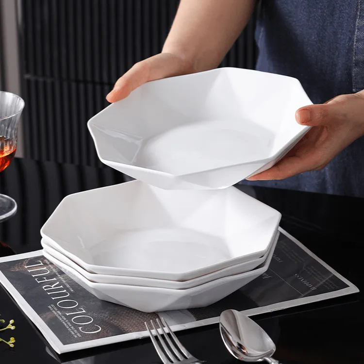 4个8.5英寸八角盘异形盘团圆大拼盘白色釉下彩家用碗10个装