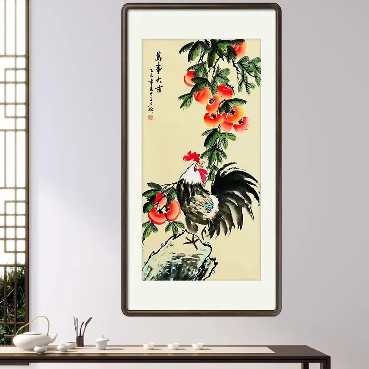 《万事大吉》三尺仿古公鸡柿子图端景柜玄关挂画字画背景文玩探宝