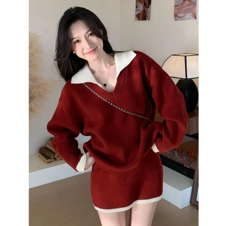 大码胖MM法式套装毛衣针织衫短半身裙两件套冬气质时尚感一整套装