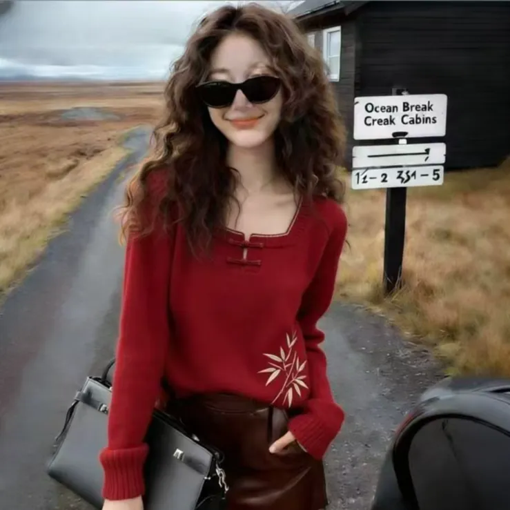 2025冬爆款针织衫上衣女气质减龄舒适方领宽松精致显瘦长袖上衣潮