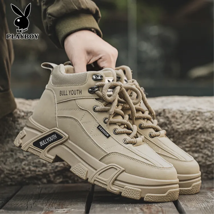 花花公子马丁靴男秋冬户外作战沙漠靴休闲防水防滑复古高帮工装靴