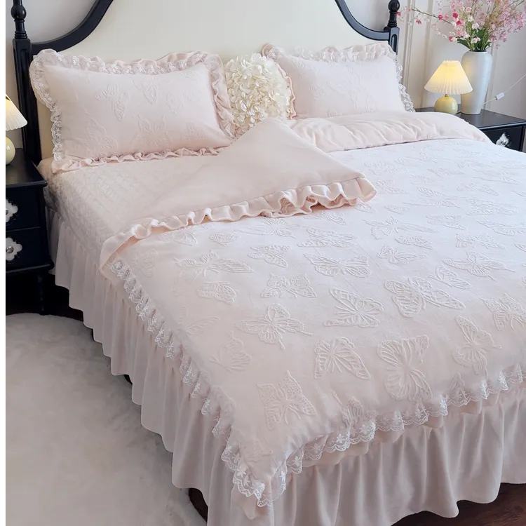 （童童专属）新款雕花牛奶绒加厚床盖四件套床上用品公主风床品套件