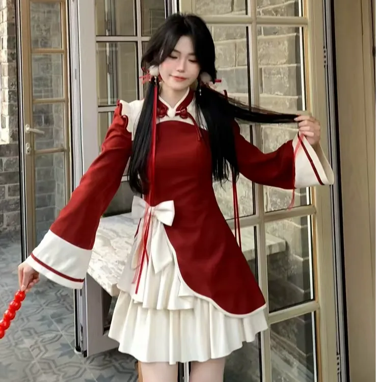 胖妹妹少女新年圣诞蝴蝶结木耳边新中式旗袍连衣裙显瘦长袖中国风