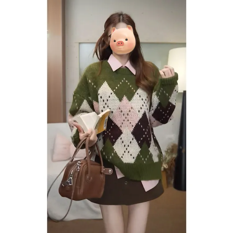 复古费尔岛提花菱格套头毛衣女秋冬加厚保暖慵懒风叠穿针织衫上衣